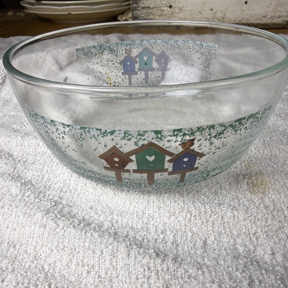 KIG MALAYSIA BIRDHOUSE GLASS BOWL 6" VINTAGE COTTAGECORE GRANNYCORE